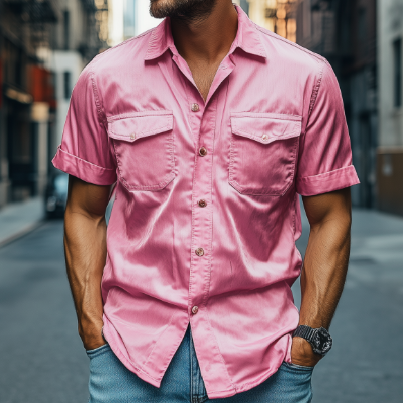 Men's Fashion Spring Summer Casual Satin Short Sleeve Shirt 74559450K