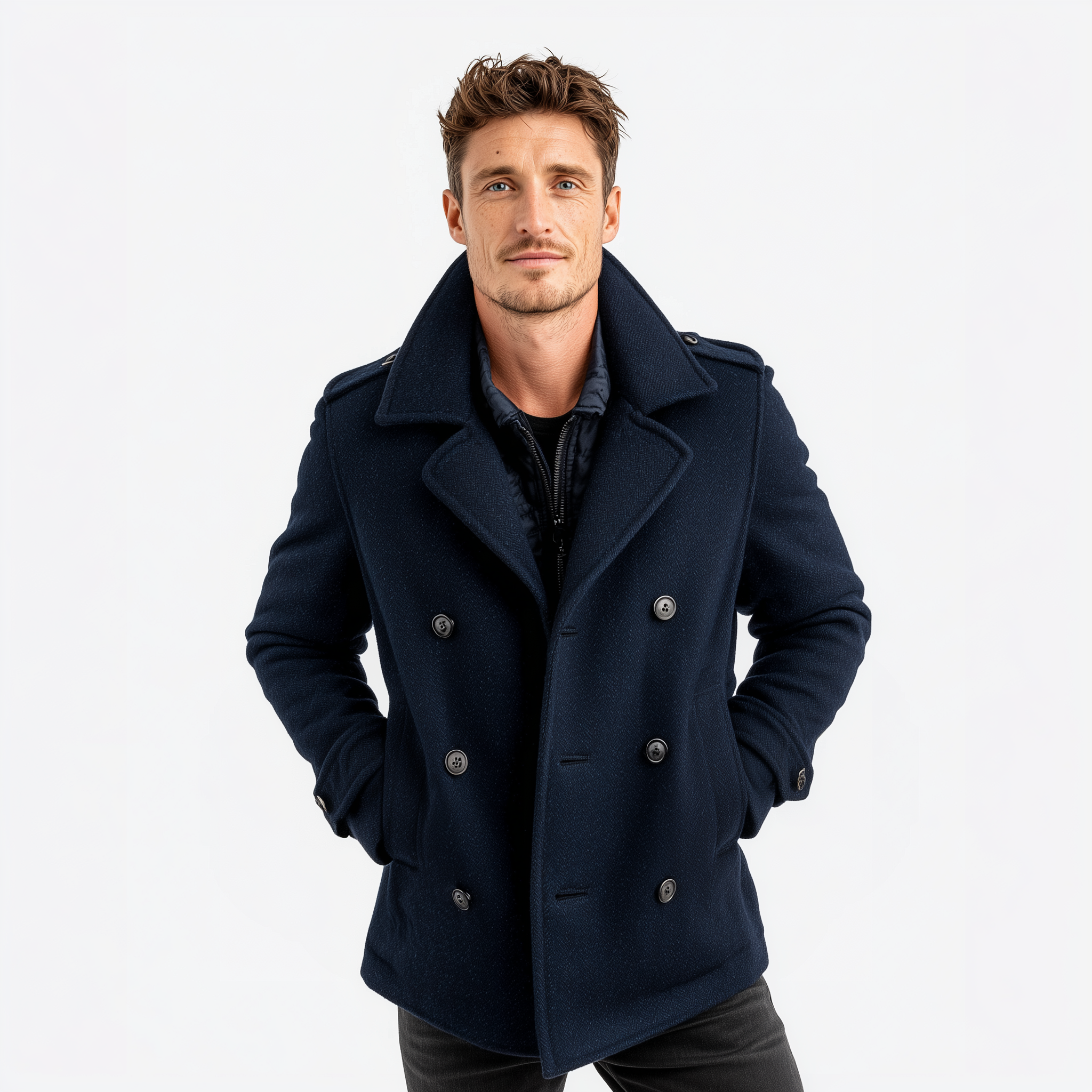 Men's Classic Retro Lapel Navy Blue Double-breasted Faux Woolen Short Coat MTA2644I9K