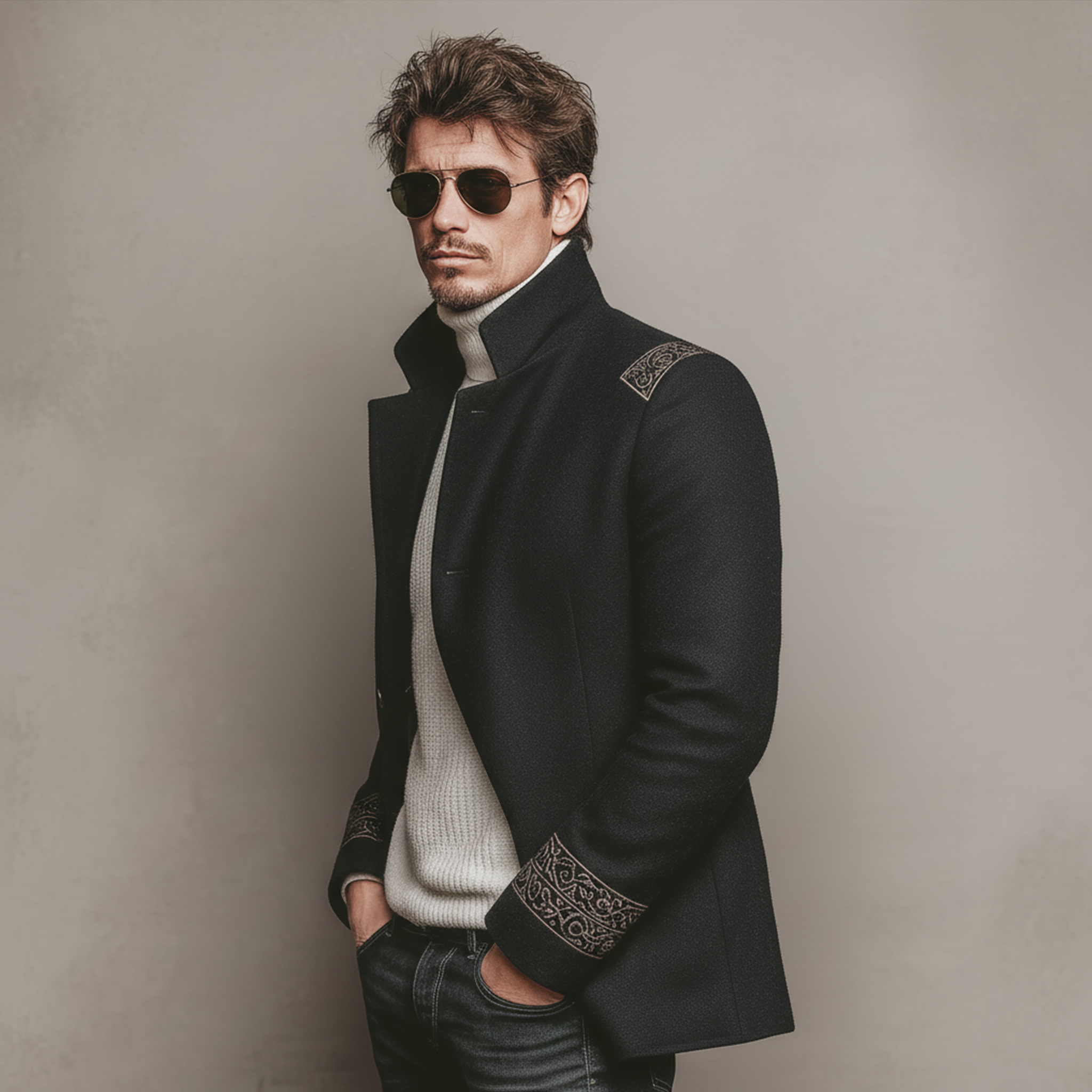 Men's Classic Retro Stand-up Collar Embroidered Faux Wool Jacket MTA0692K2K