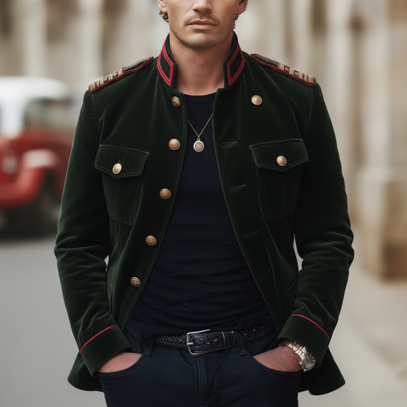 Men's Classic Army Green Stand-collar Velvet Embroidered Jacket MTA0503L4U