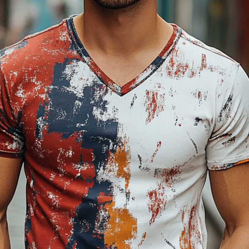 Men's Contrast Print Short-Sleeved V-Neck T-Shirt MTA2483E8X