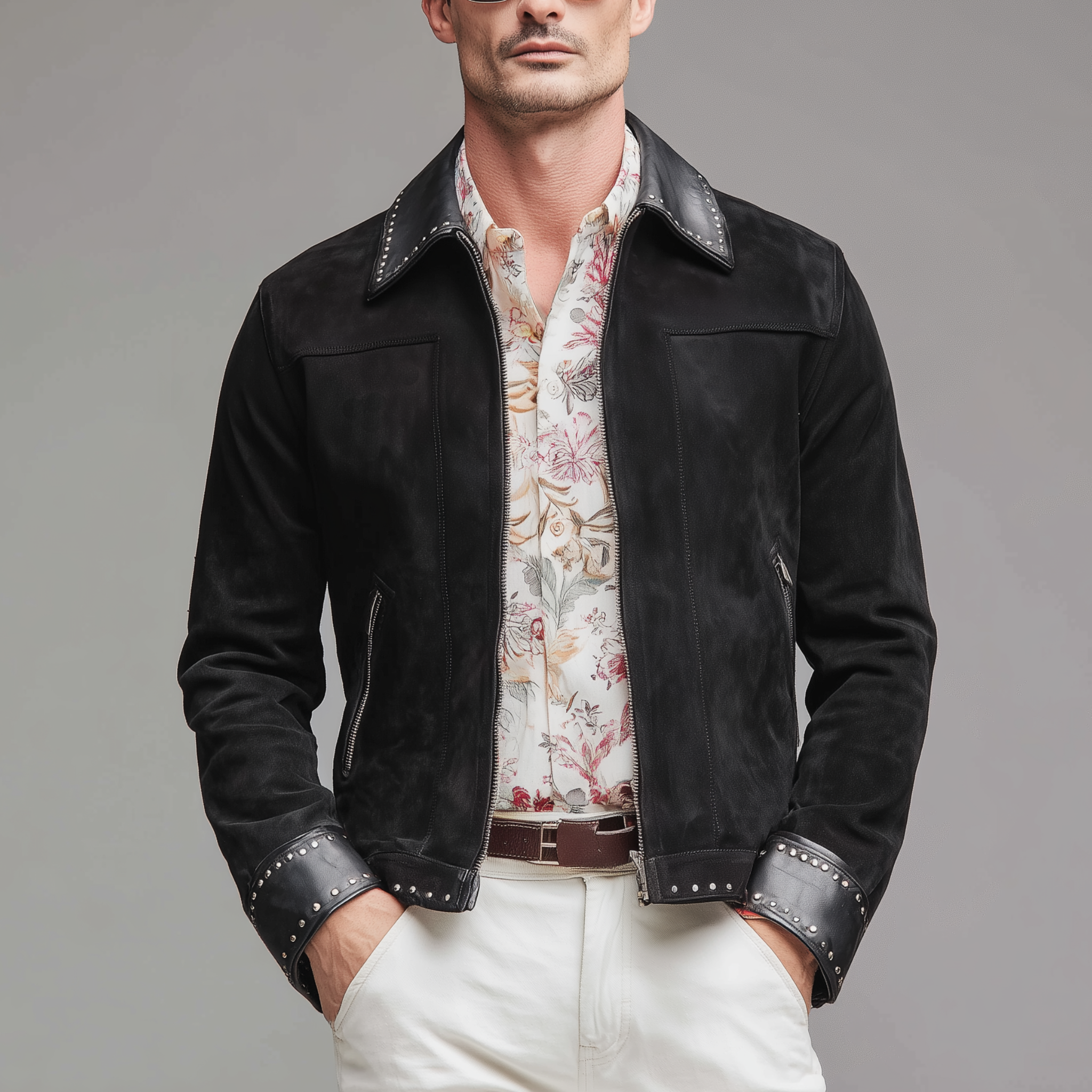 Men's Classic Casual PU Leather Lapel And Cuffs PU Leather Decoration Metal Rivet Zipper Suede Jacket MTA1140H7K