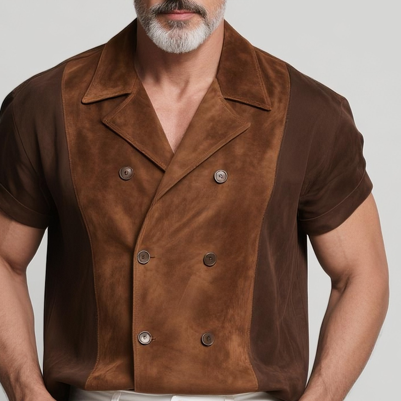 Men's Colorblock Faux Suede Lapel Short Sleeve Jacket MTA2802G2Z