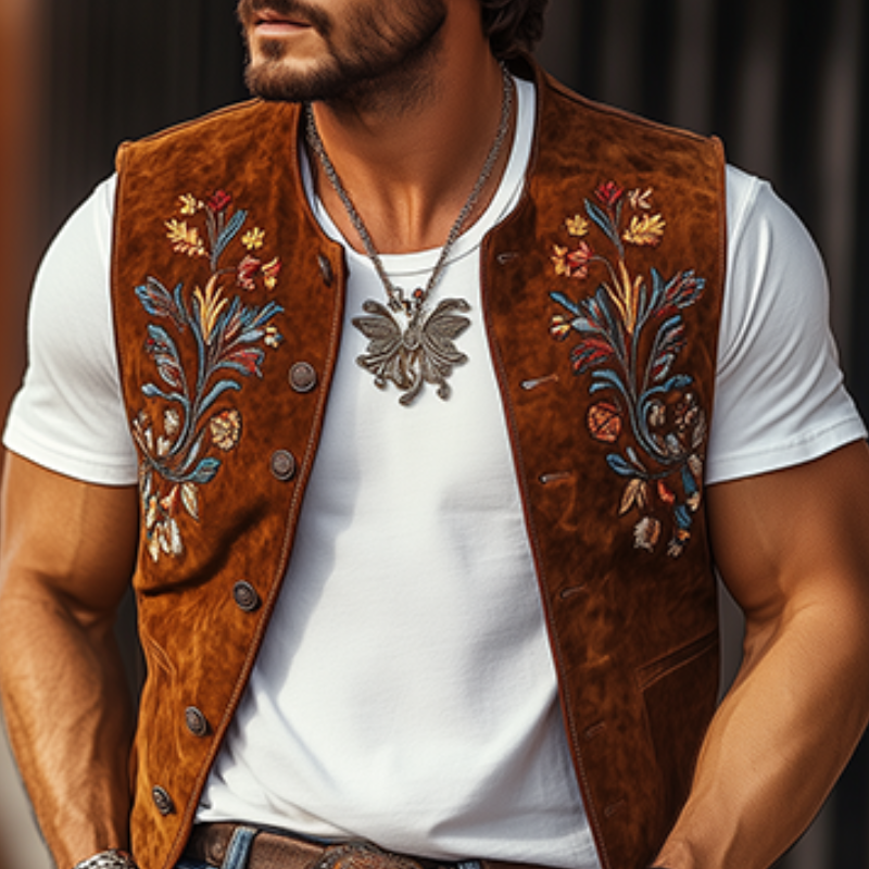 Klassisk retro vestlig cowboystil for menn brodert uformelt semsket skinnvest 17190584K