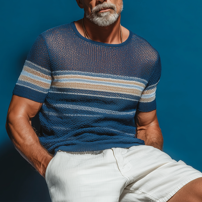 Men's Summer Retro Striped Knitted Hollow Short Sleeve T-Shirt MTA1864G9P