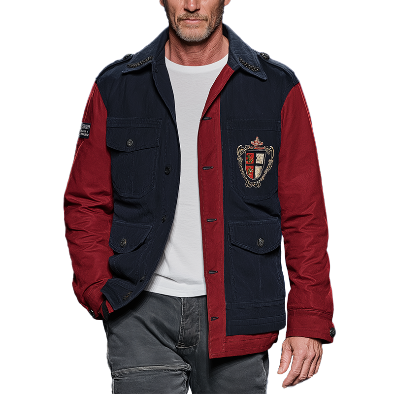 Men's Retro Contrast Color Stitching Embroidered Long Sleeve Jacket MTA2671H2P