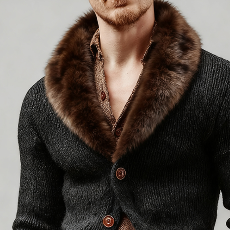 Men's Retro Casual Knitted Patchwork Fur Collar Button Cardigan MTA0103K9TO