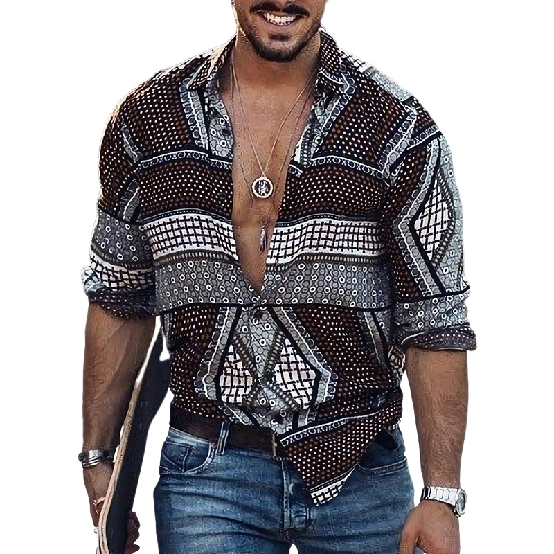 Men's Casual Vintage Print Long Sleeve Shirt 87996338U