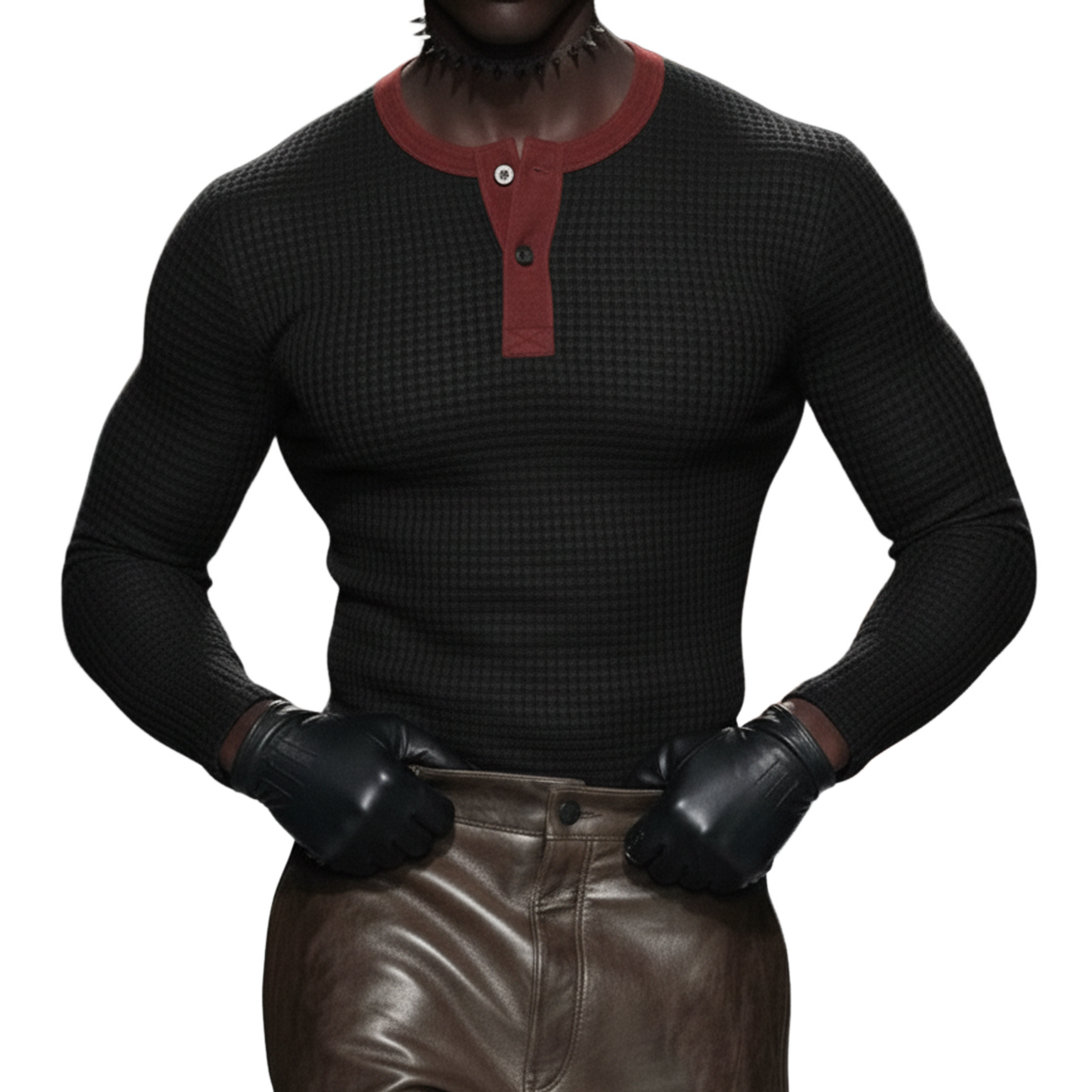 Men's Classic Casual Faux SUede Fabric Henley Neck Patchwork Waffle Knit Slim-fit Long-sleeved T-shirt MTA0832L4K