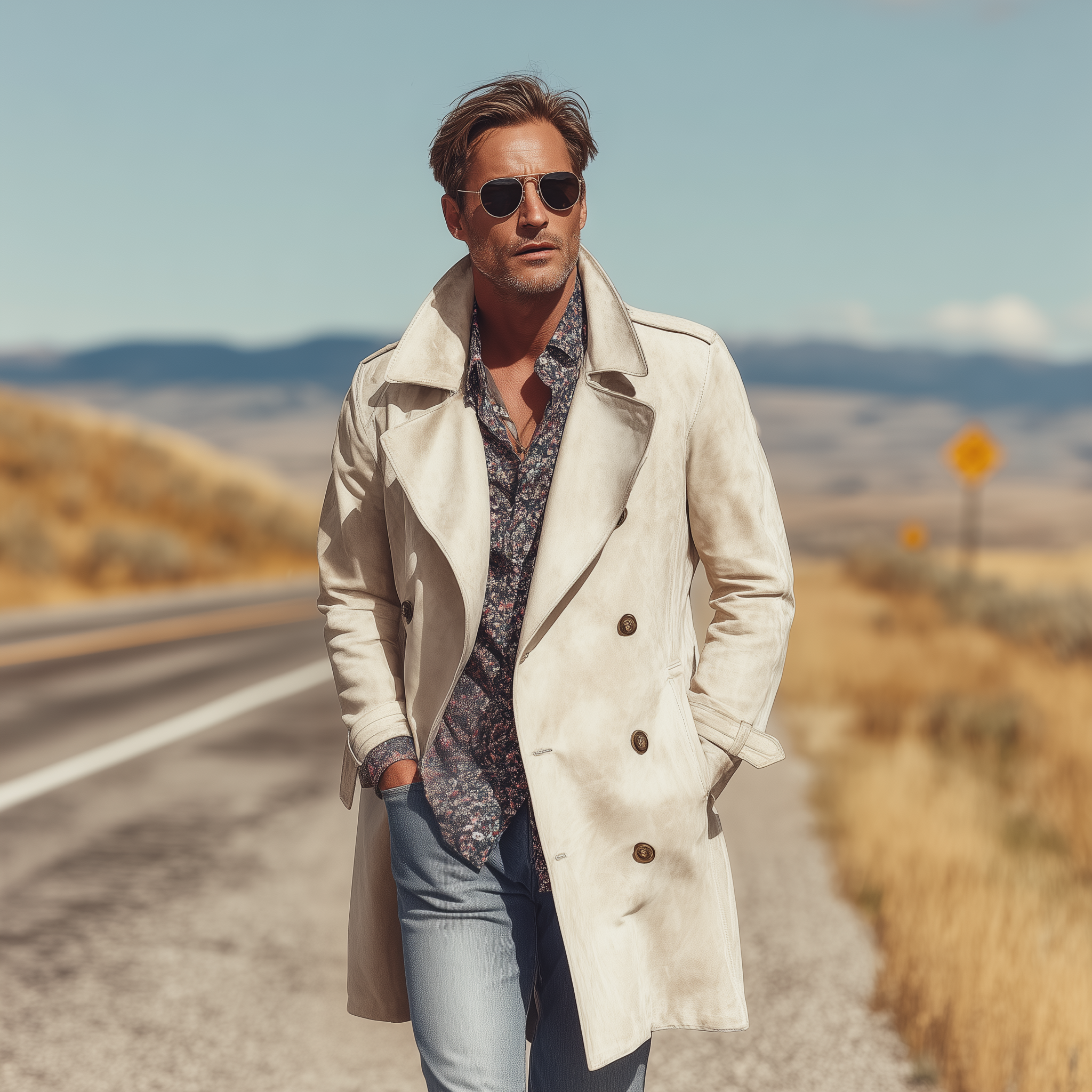 Men's Classic Retro Western Style Double Breasted Lapel Suede Thigh Length Trench Coat MTA1379H5K