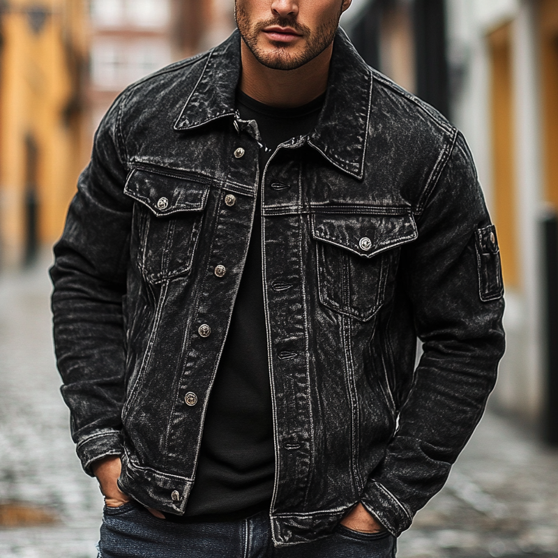 Men's Vintage Washed Distressed Lapel Denim Jacket MTA2523H4X