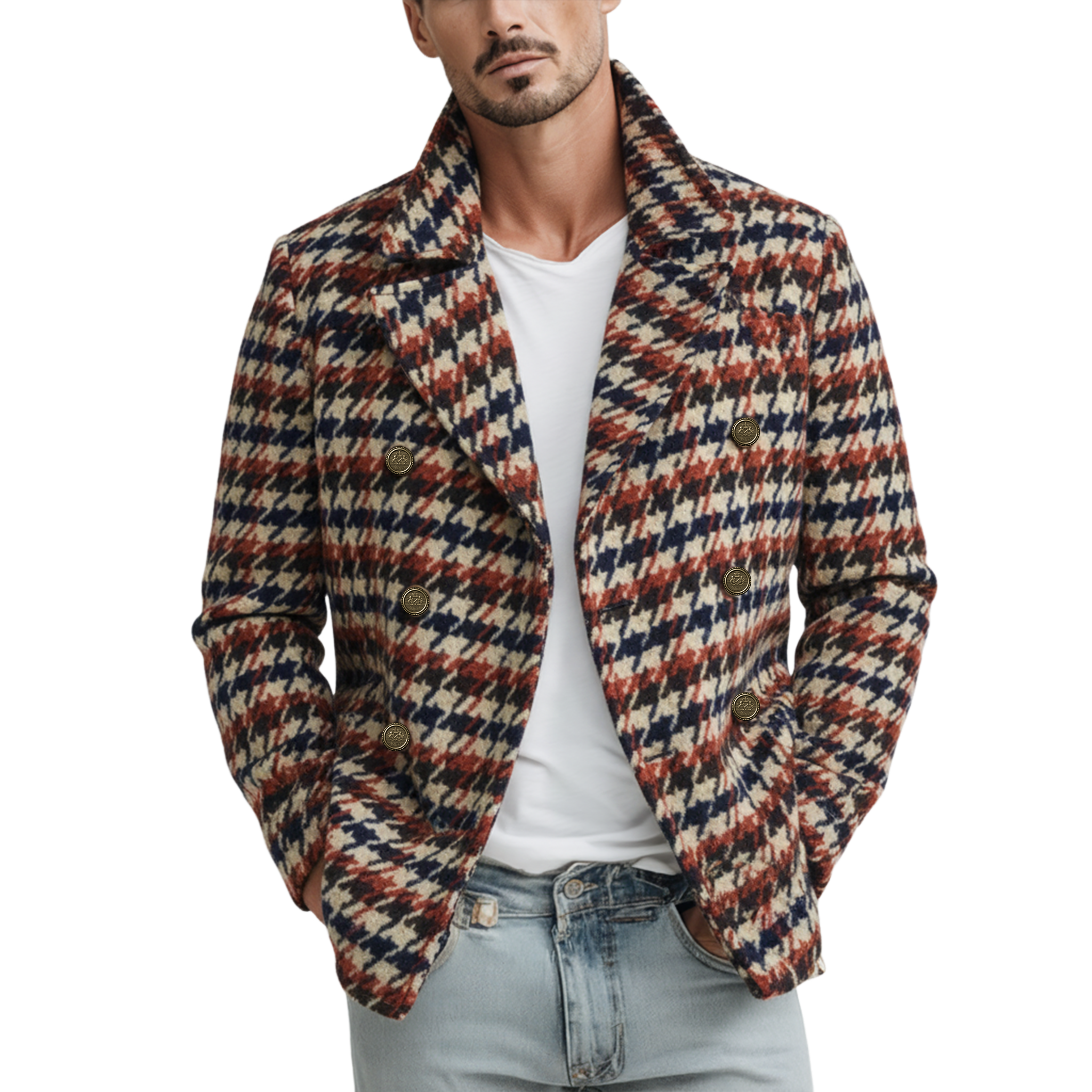 Men's Classic Retro Lapel Houndstooth Faux Wool Double-breasted Jacket MTA1856I5K