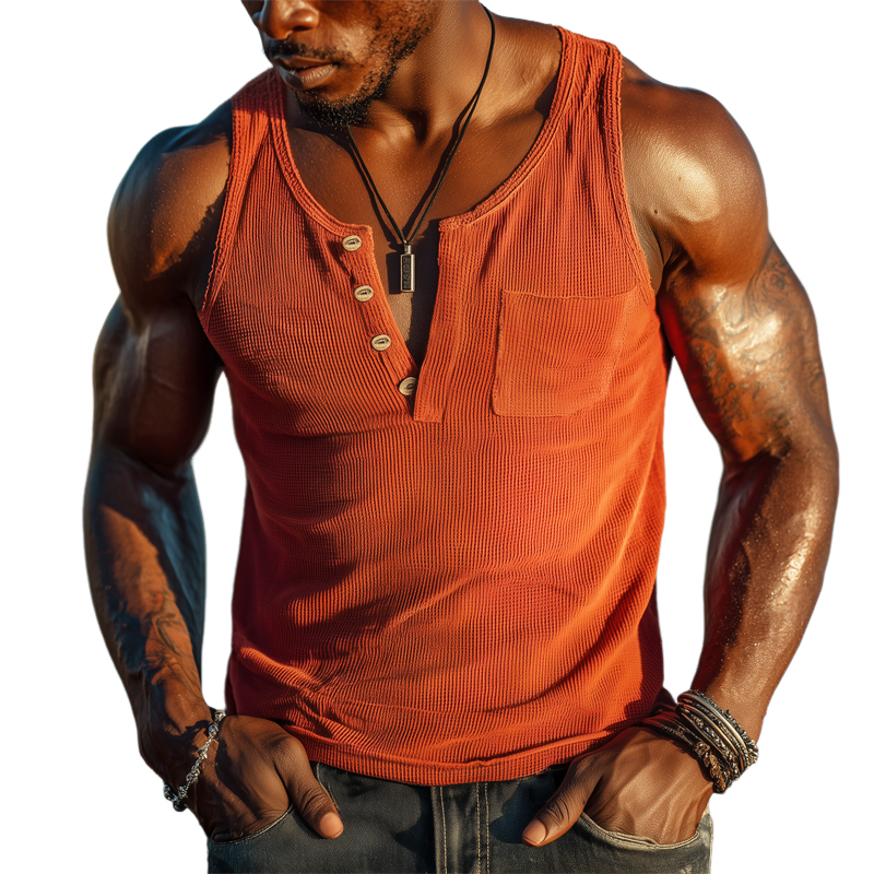 Men's Summer Henley Neck Waffle Solid Tank Top MTA1577G8U
