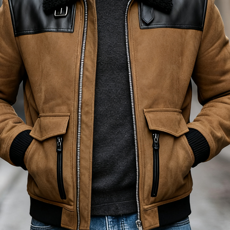 Men's Faux Suede And PU Lapel Zipper Jacket MTA1794J0X