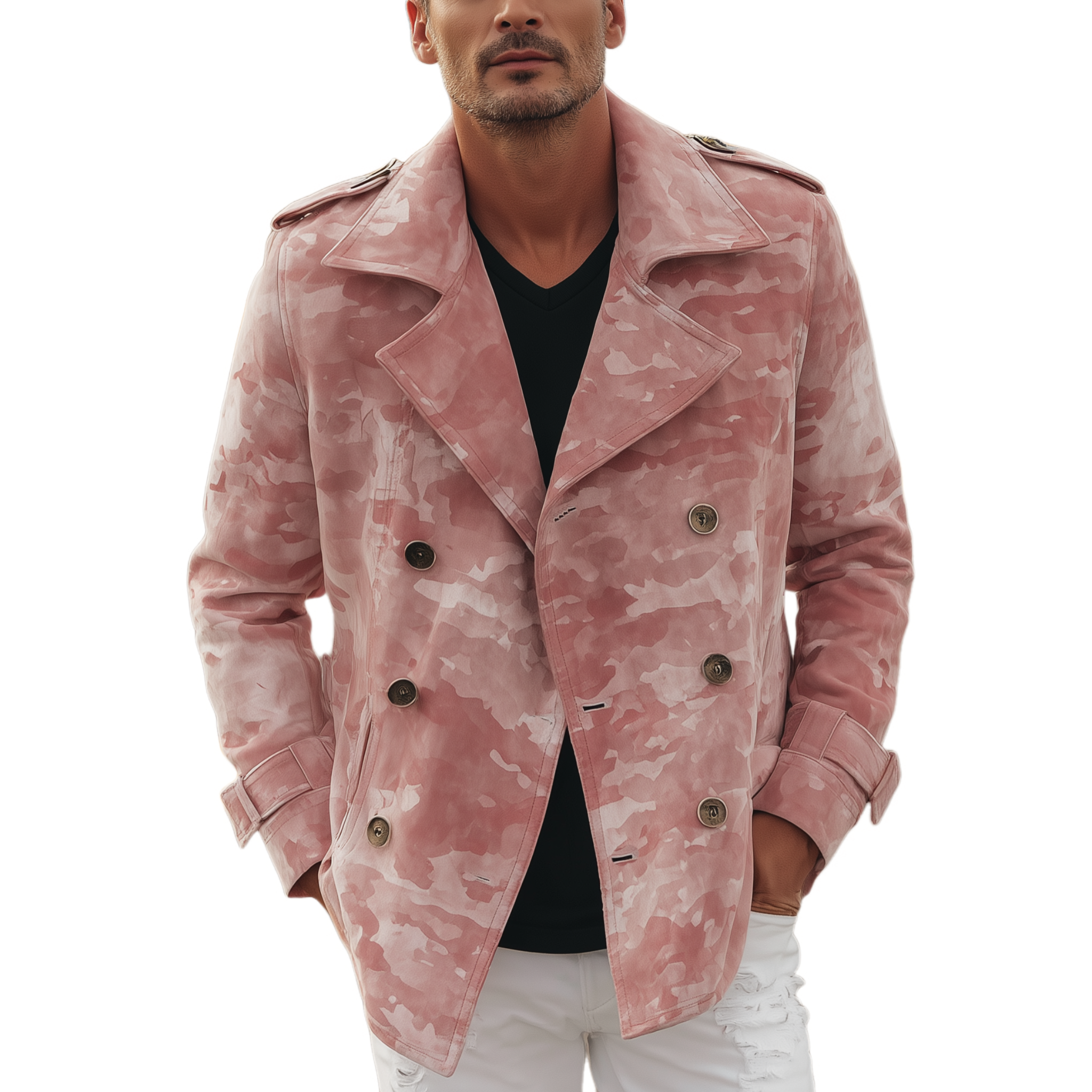 Men's Classic Casual Pink Camouflage Suede Lapel Double-Breasted Jacket MTA2809H6K