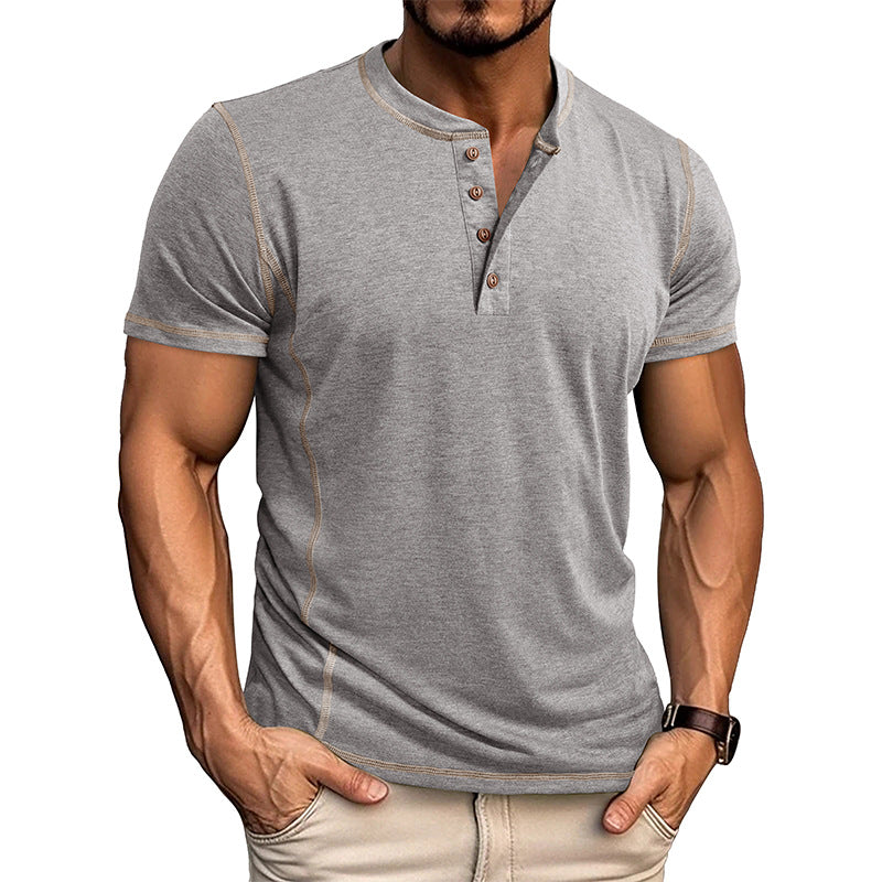 Men's Spring And Summer Fashion Casual Cotton Blended Henley Collar Slim Short Sleeve T-Shirt MTA3023F9K