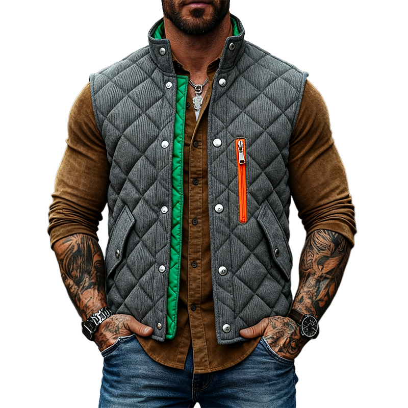 Men's Corduroy Quilted Color-Blocked Stand Collar Zipper Vest MTA2940J7X
