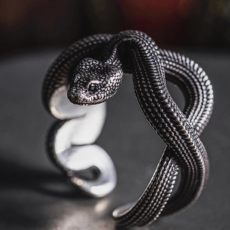 Men's Retro Punk Style Three-Dimensional Python S925 Silver Adjustable Ring MTA3029F5M