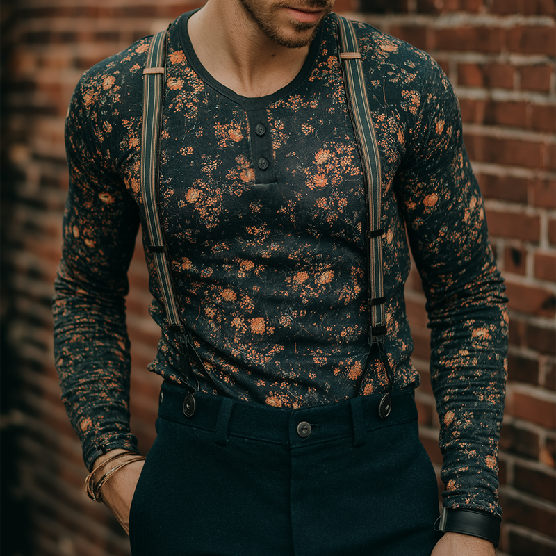Men's Retro Casual Floral Print Henley Long Sleeve T-Shirt MTA3163G5TO
