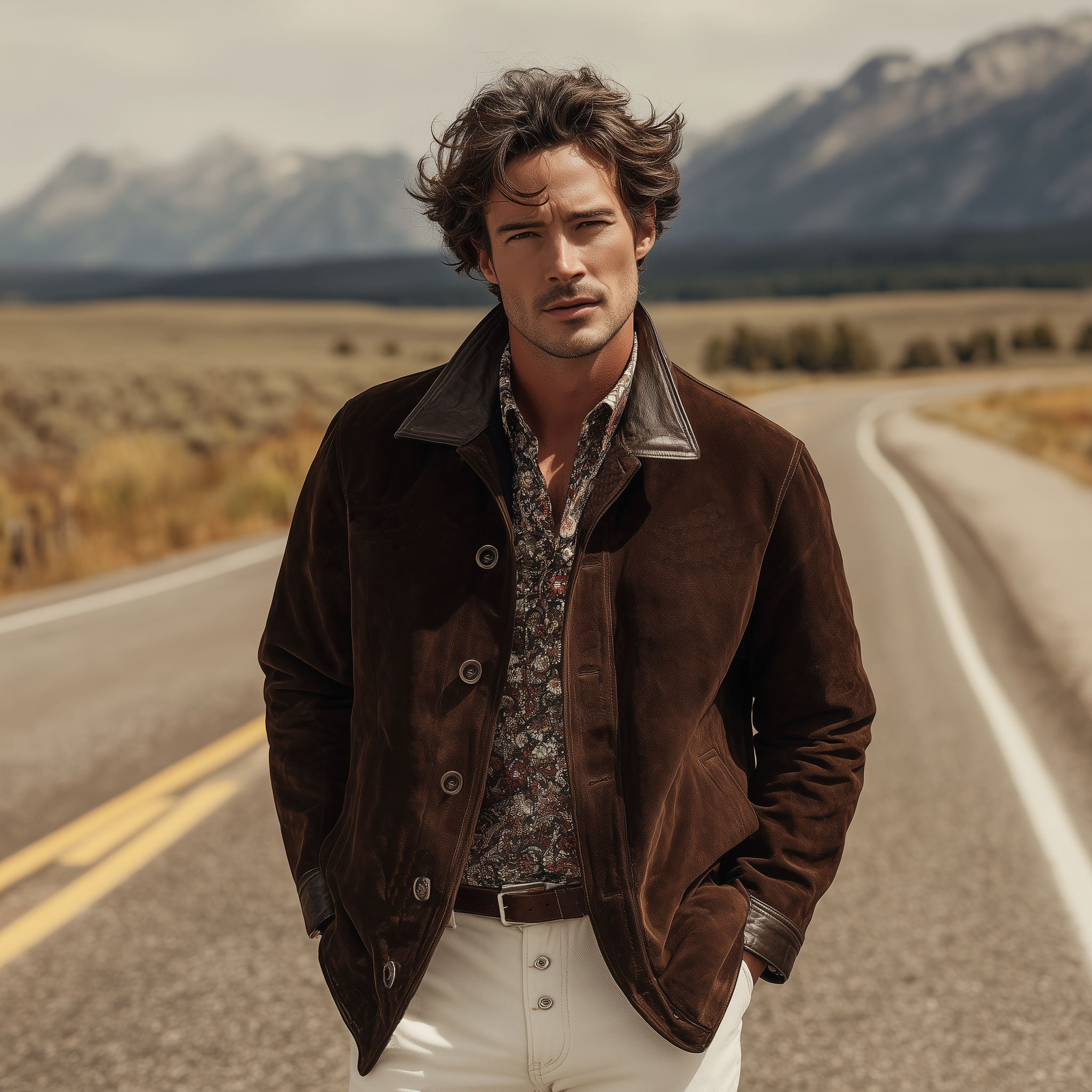 Men's Classic Western Casual Tough Style PU Leather Lapel And Cuff Suede Jacket MTA0883I3K