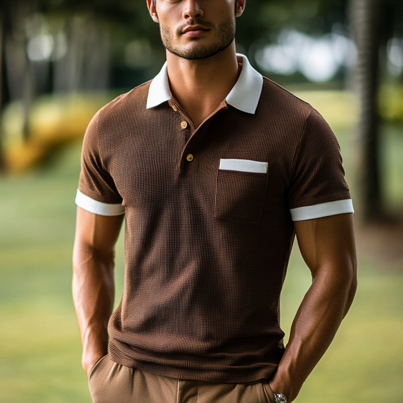 Men's Casual Cotton Blend Waffle Colorblock Lapel Slim Fit Short Sleeve Polo Shirt MTA0814E4M