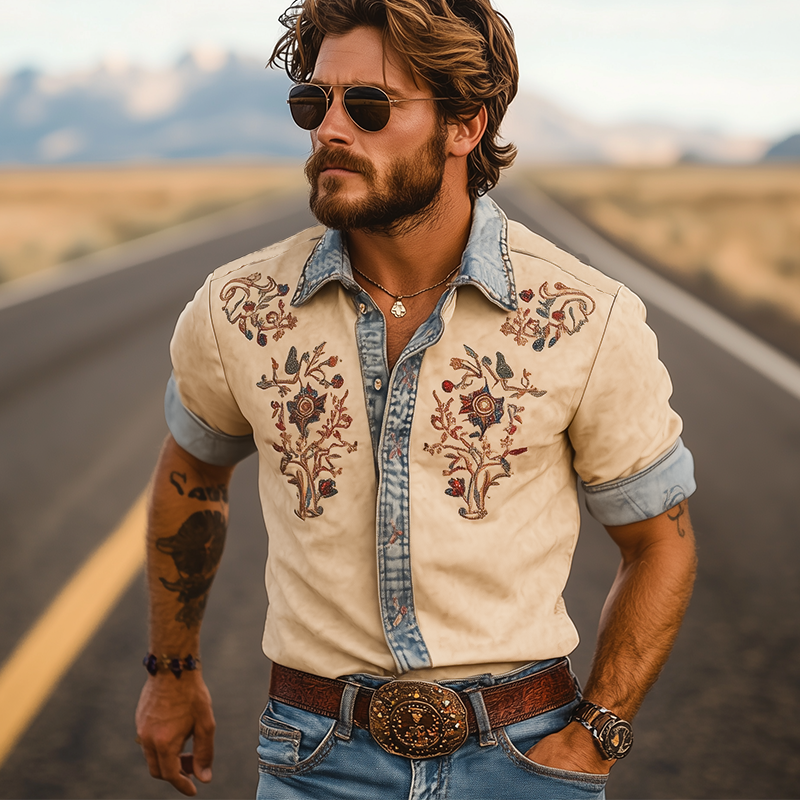 Men's Summer Fashion Retro Western Cowboy Style Denim Stitching Suede Embroidery Short-sleeved Shirt MTA2893D9K