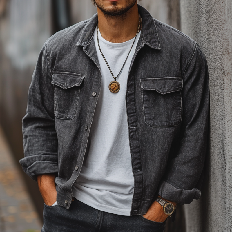 Men's Casual Breathable Washed Distressed Lapel Flap Pocket Loose Denim Shirt Jacket MTA0506H0M