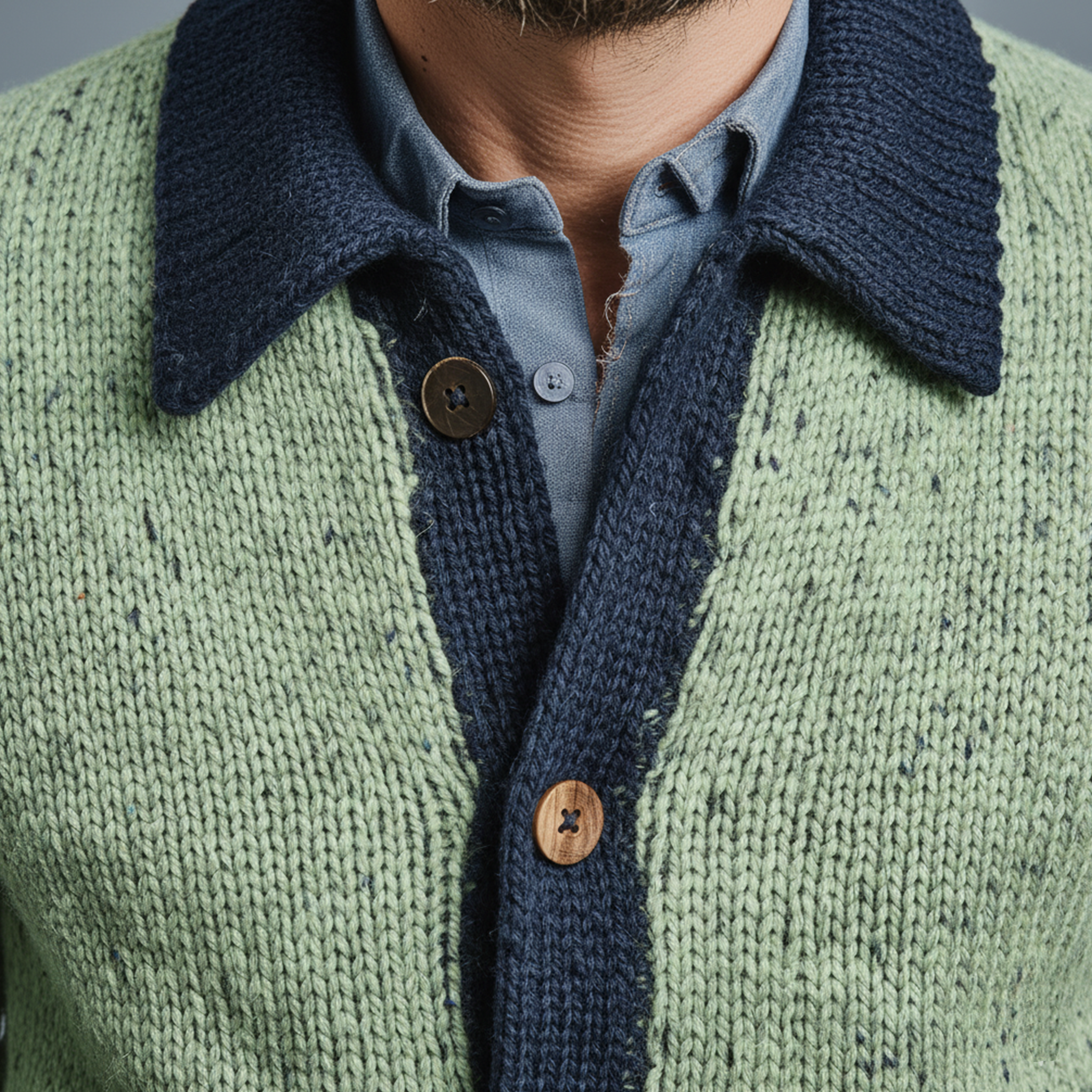 Men's Classic Casual Lapel Green And Navy Blue Knitted Cardigan MTA2669I3K