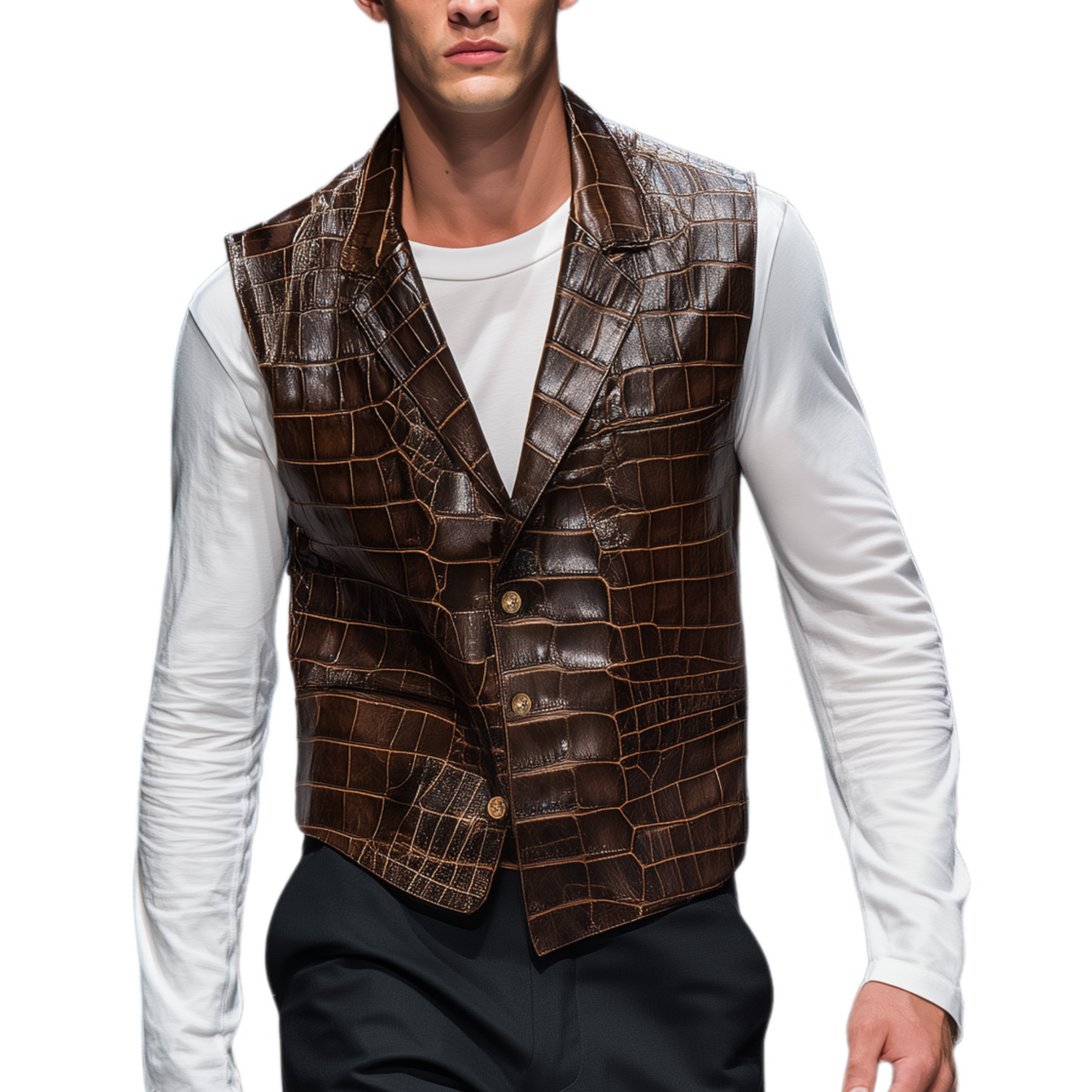Men's Classic Retro Textured Leather Blazer Collar Single-breasted Slim Vest MTA0248H1K