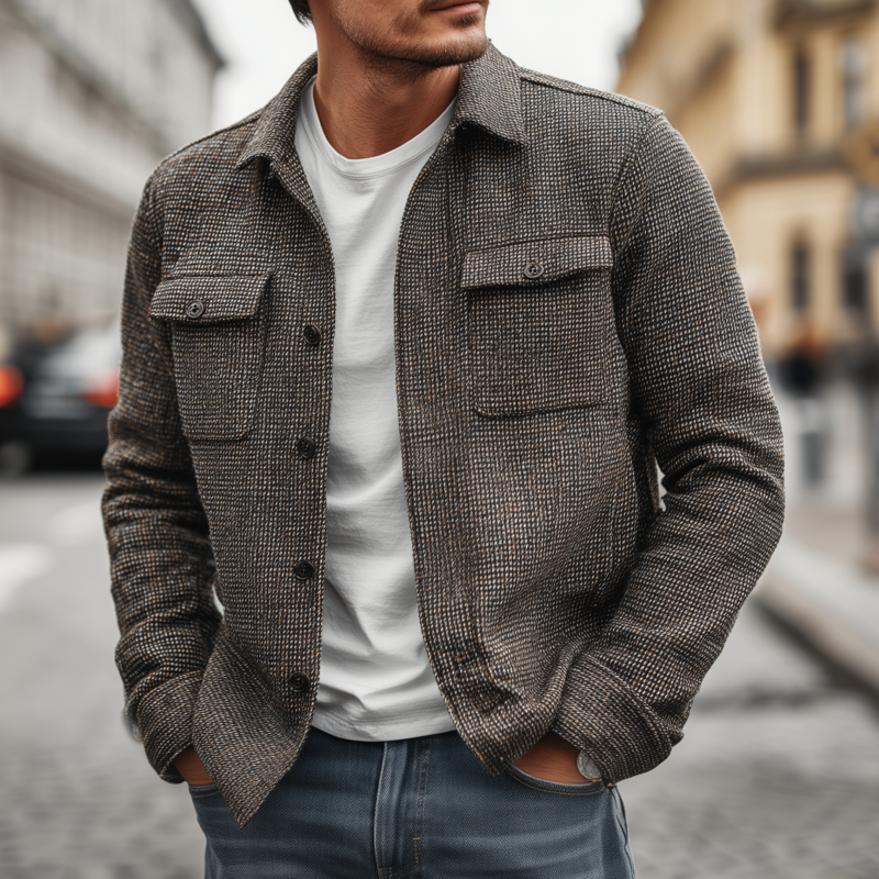 Men's Vintage Check Lapel Single Breasted Flap Pocket Loose Long Sleeve Shirt Jacket MTA1755G9M