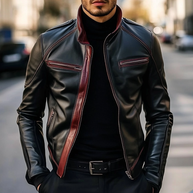 Men's Contrast Lapel PU Zipper Jacket MTA1963H3X