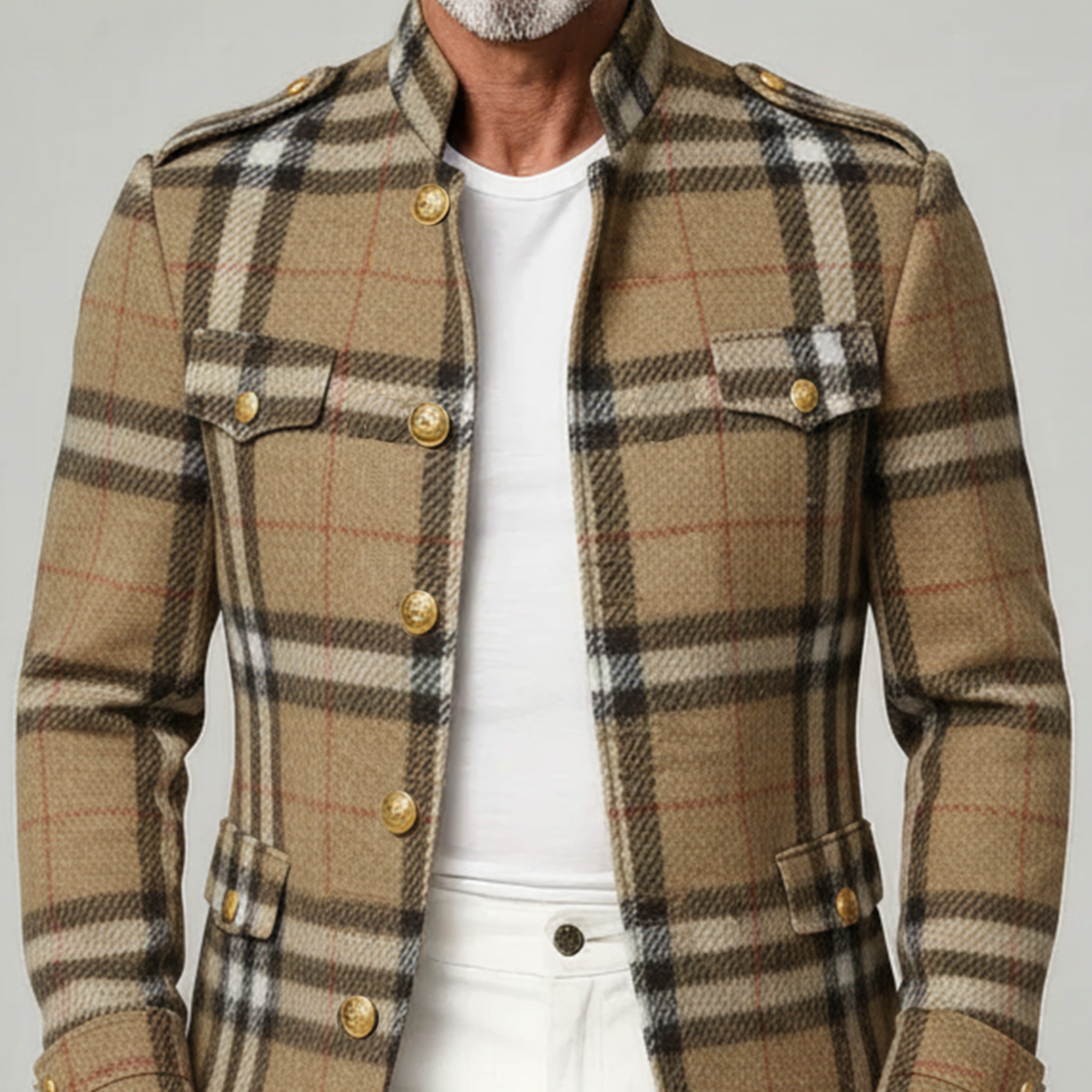 Men's Classic Retro Stand Collar Faux Plaid Woolen Slim Jacket MTA3023I8K