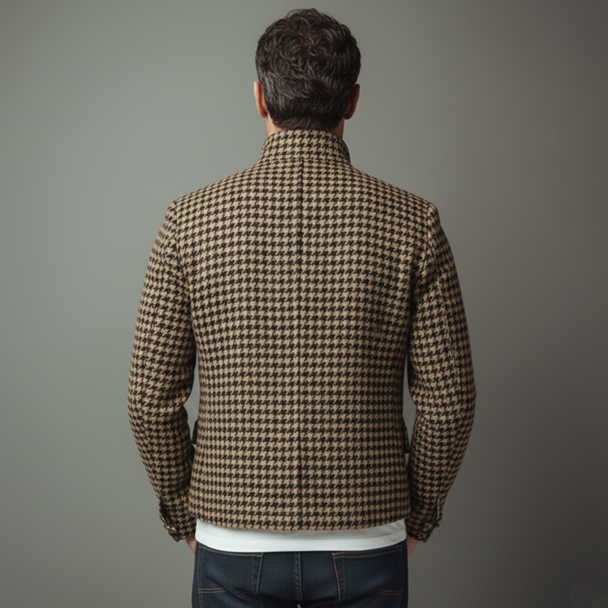 Men's Classic Vintage Stand-collar Multi-pocket Houndstooth Wool Jacket MTA1698L9K