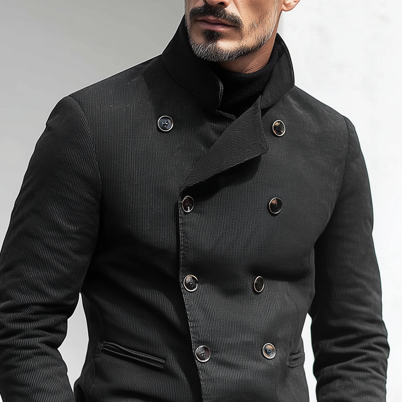Men's Solid Corduroy Stand Collar Double Breasted Casual Jacket MTA1874H2Z