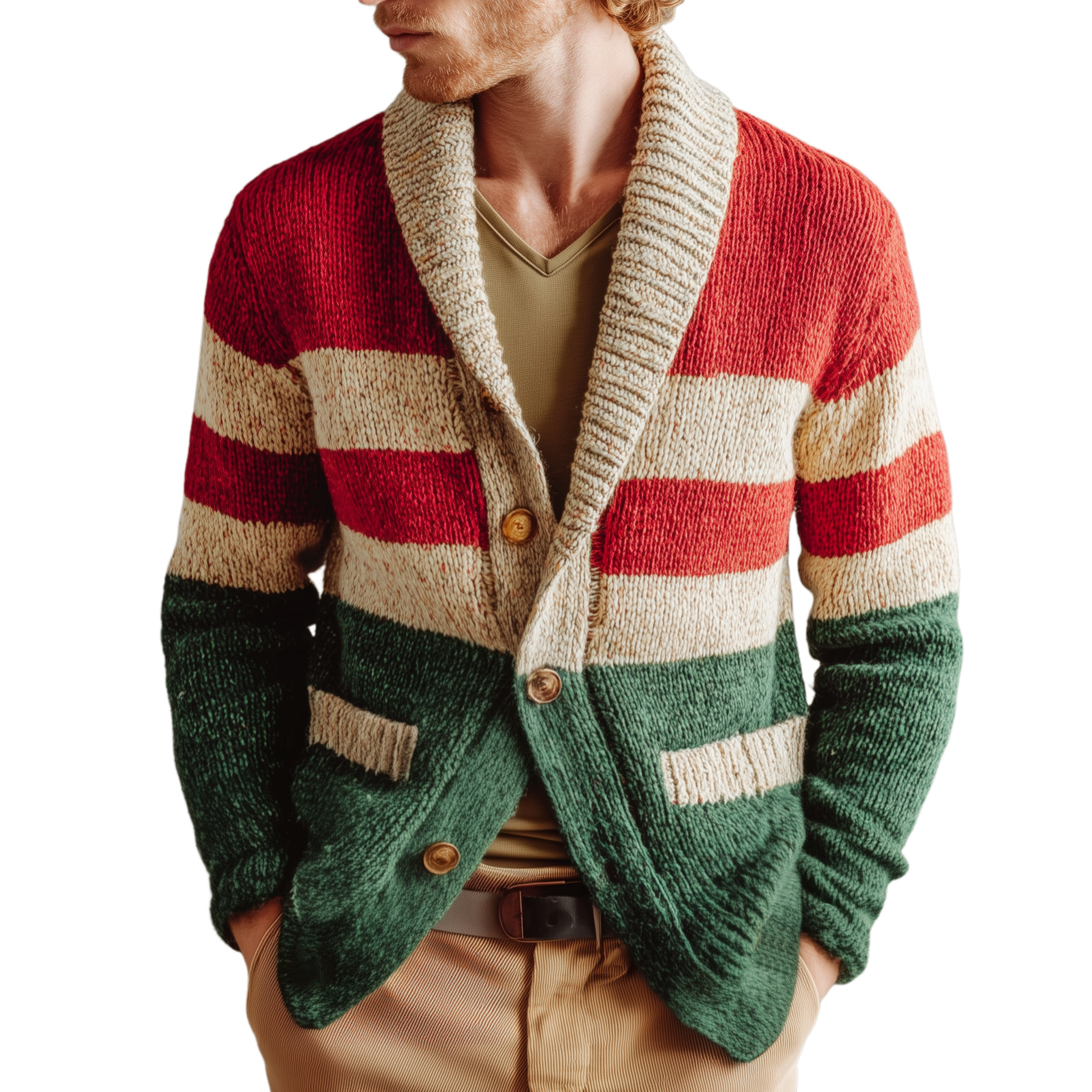Men's Classic Casual Christmas Party Red And Green Horizontal Striped Cardigan MTA2968I8K
