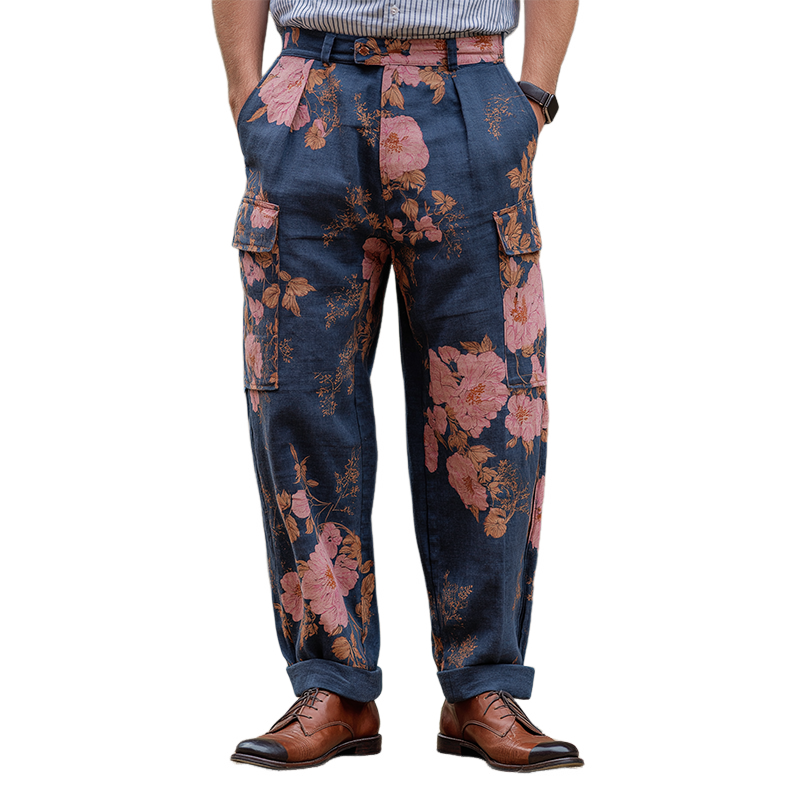 Men's Vintage Casual Large Floral Print Pocket Pants MTA3162G7TO