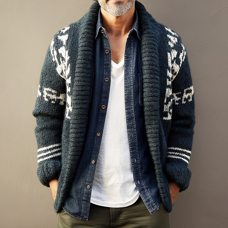 Men's Classic Lapel Colorblock Jacquard Knit Cardigan MTA3035H2U