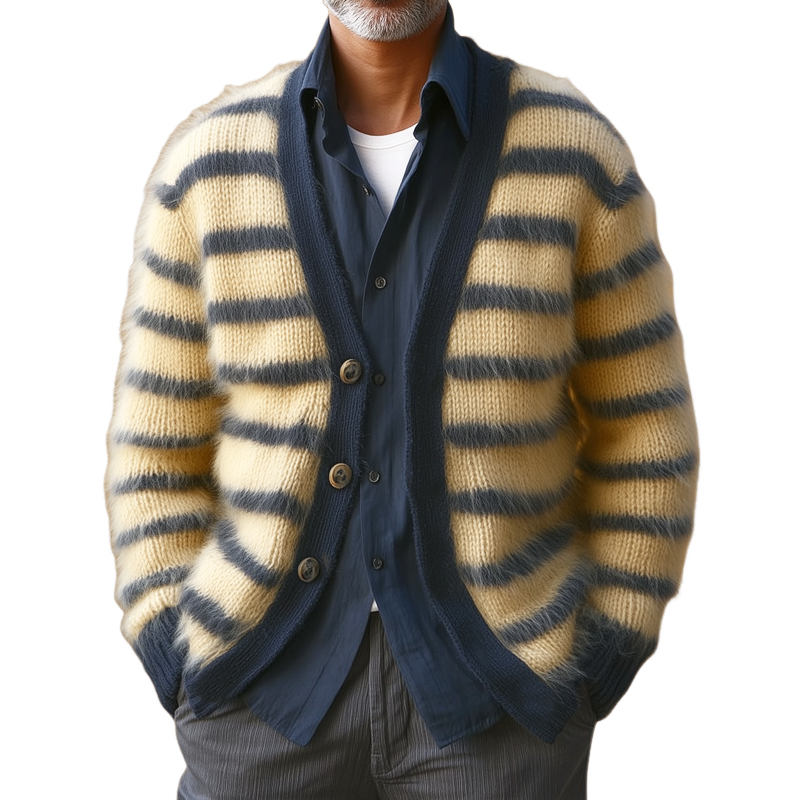Men's Classic Colorblock Striped V-Neck Plush Knit Cardigan MTA3040H0U