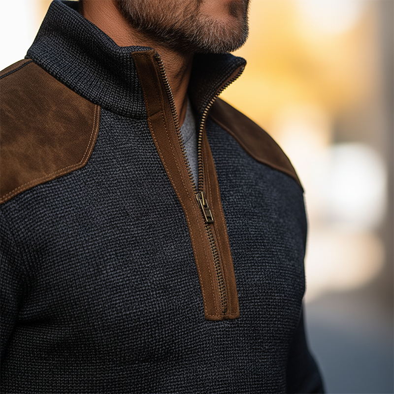 Men's Retro Checkered Faux Suede Patchwork Half-Zip High-Sleeve Sweatshirt MTA2994J2P