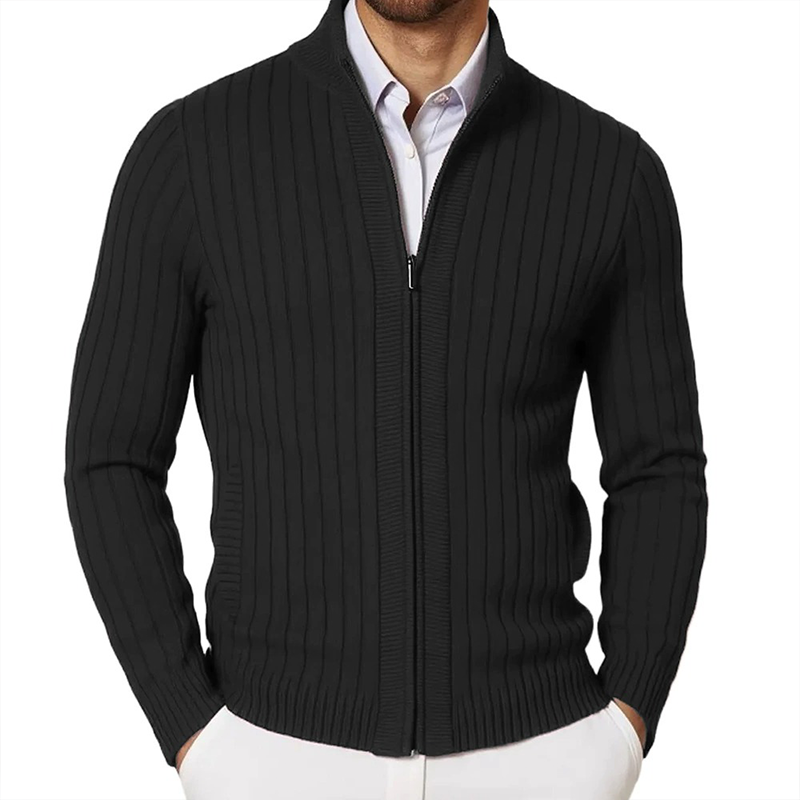 Men's Stand Collar Solid Color Striped Knit Zipper Cardigan MTA1352H6X