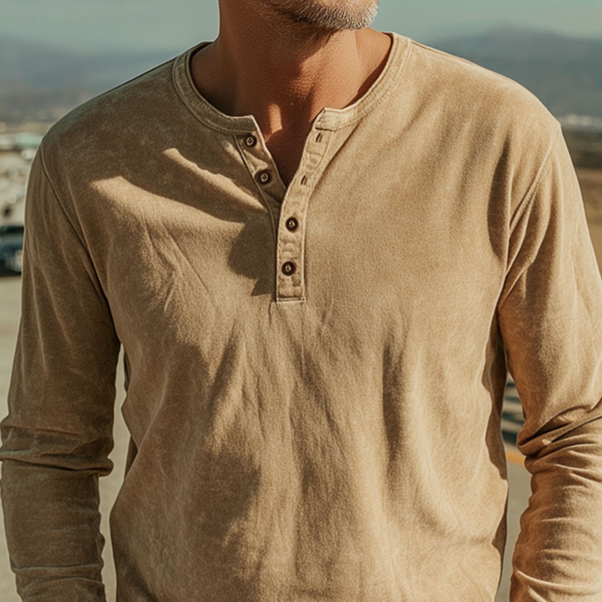 Men's Casual Western Style Henley Neck Thin Suede Long Sleeve T-Shirt MTA2448G8K