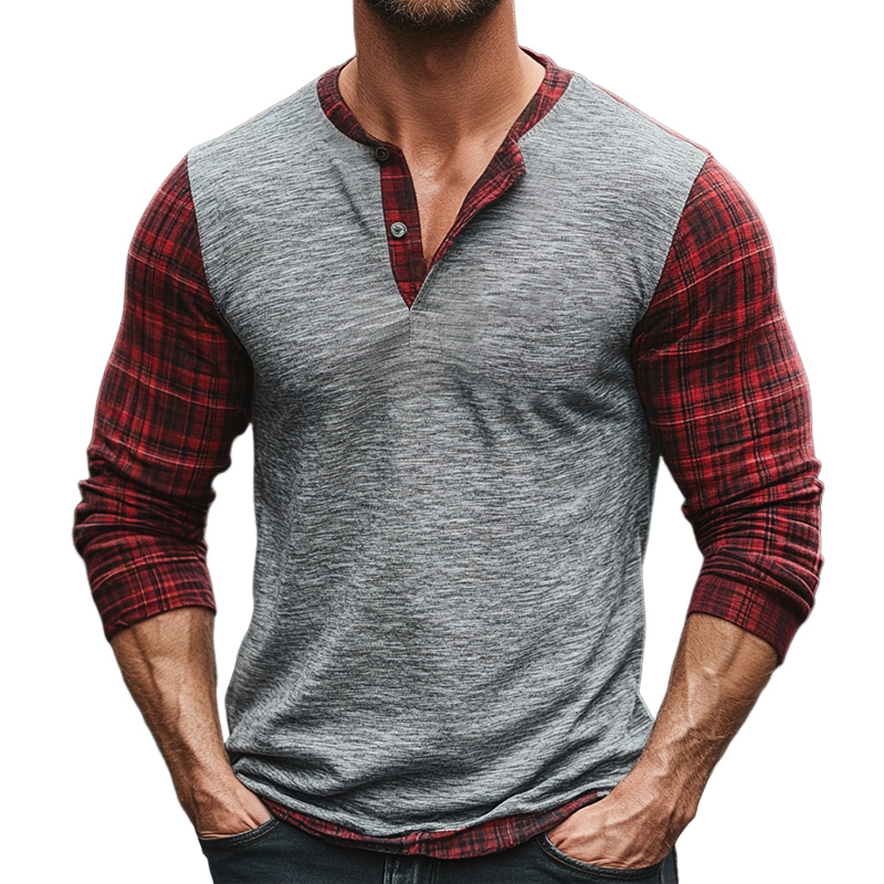 Men's Retro Casual Plaid Stitching Henley Collar Long Sleeve T-Shirt 39871174TO