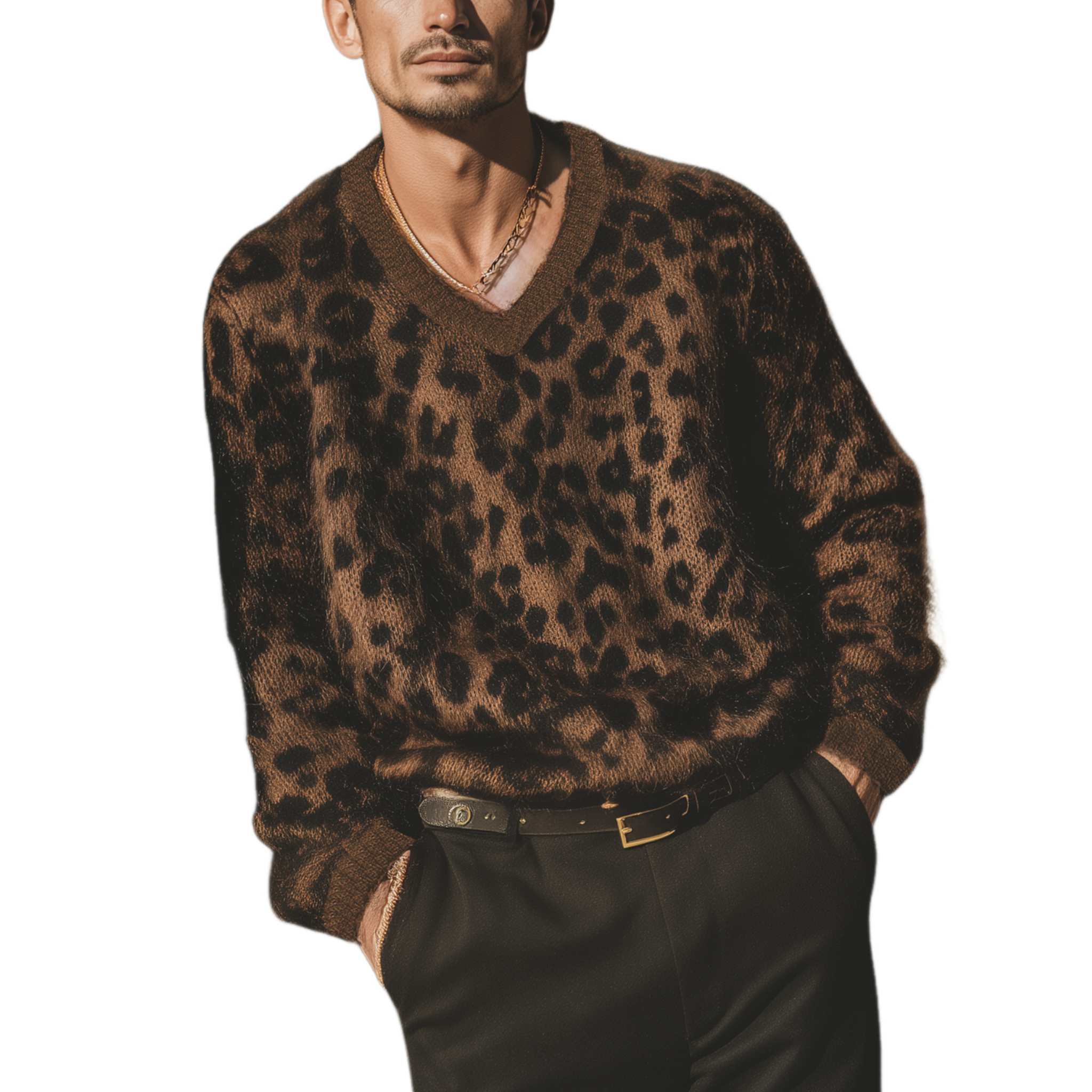 Men's Classic Casual V-neck Leopard Print Loose Sweater MTA1641J1K