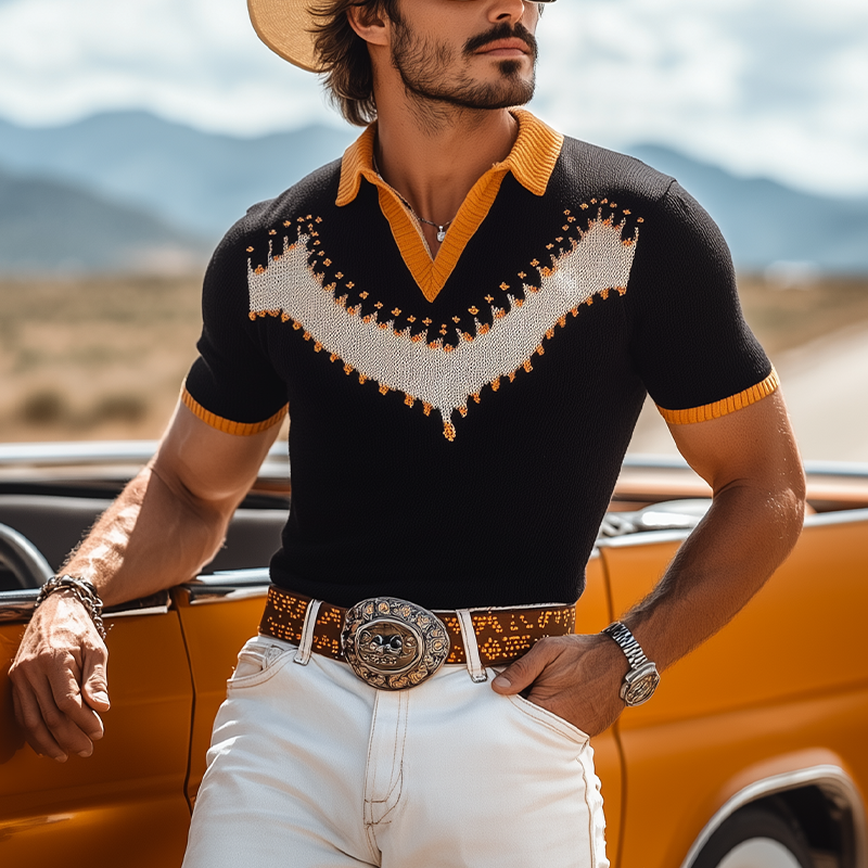 Men's Spring And Summer Fashion Casual Western Cowboy Style Thin Knitted Short-sleeved Polo Shirt MTA1550E1K