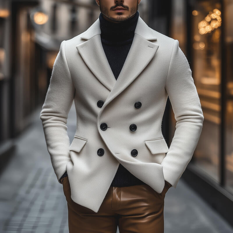 Men's Vintage Solid Color Wool Blend Notch Lapel Double-breasted Slim Fit Warm Coat MTA2177H1M