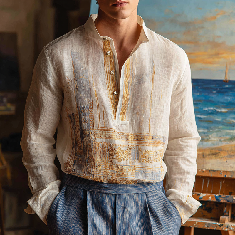 Men's Vintage Print Cotton And Linen Henley Collar Long Sleeve Shirt MTA1096G4Z