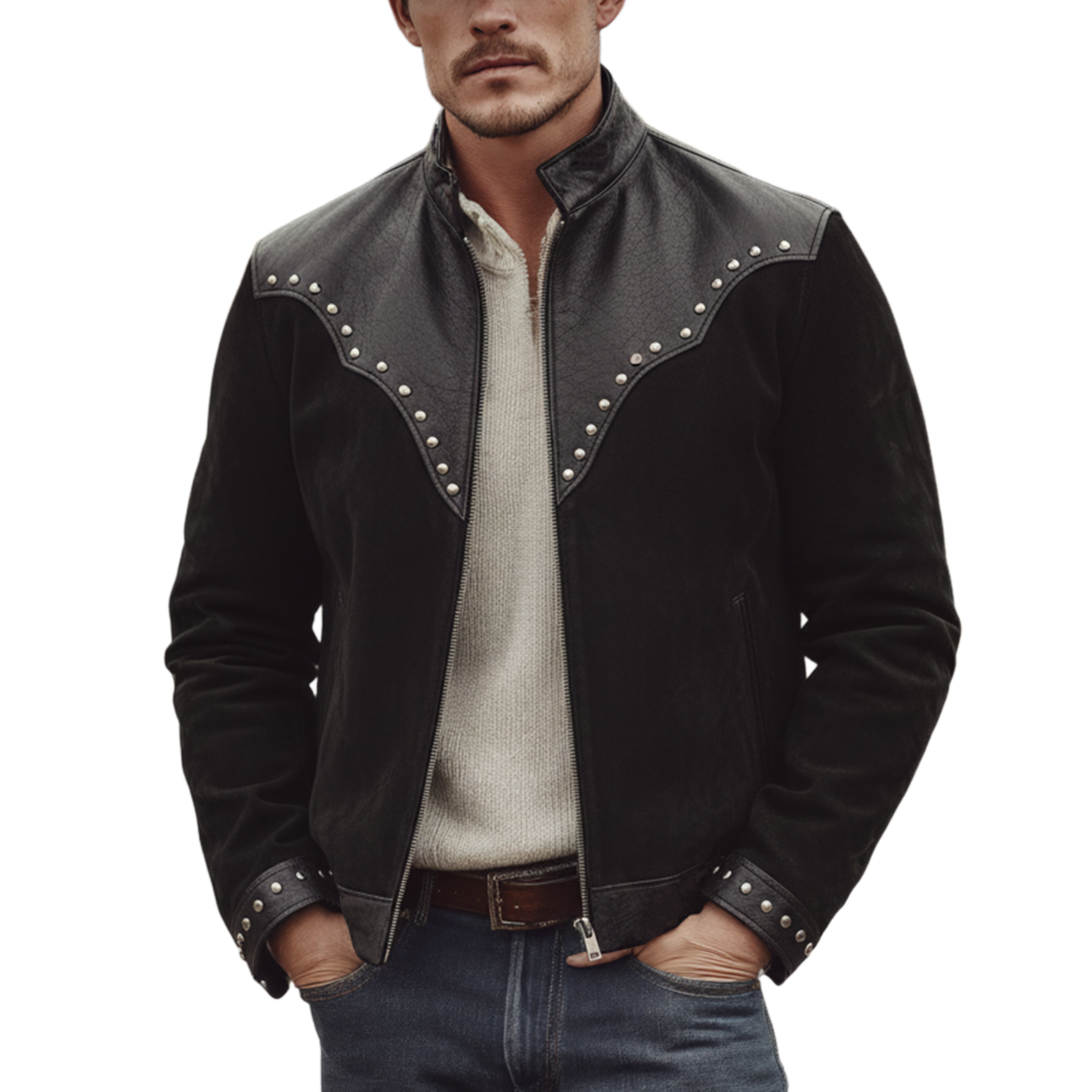 Men's Classic Retro Western Style PU Leather Stand-up Collar Metal Studded Faux Suede Jacket MTA2578K5K