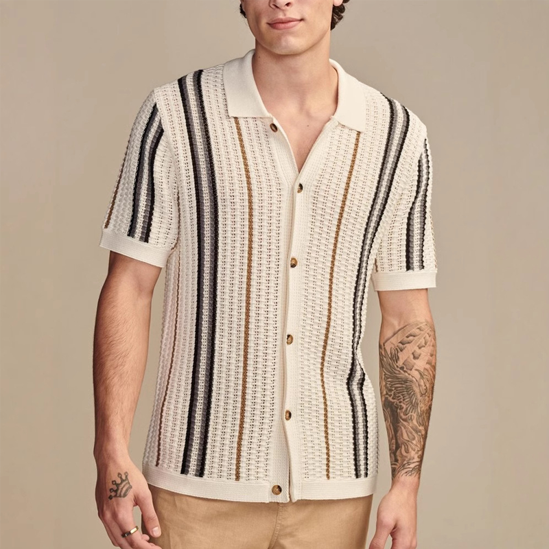 Men's Knitted Striped Jacquard Short-sleeved Shirt MTA0539G1X