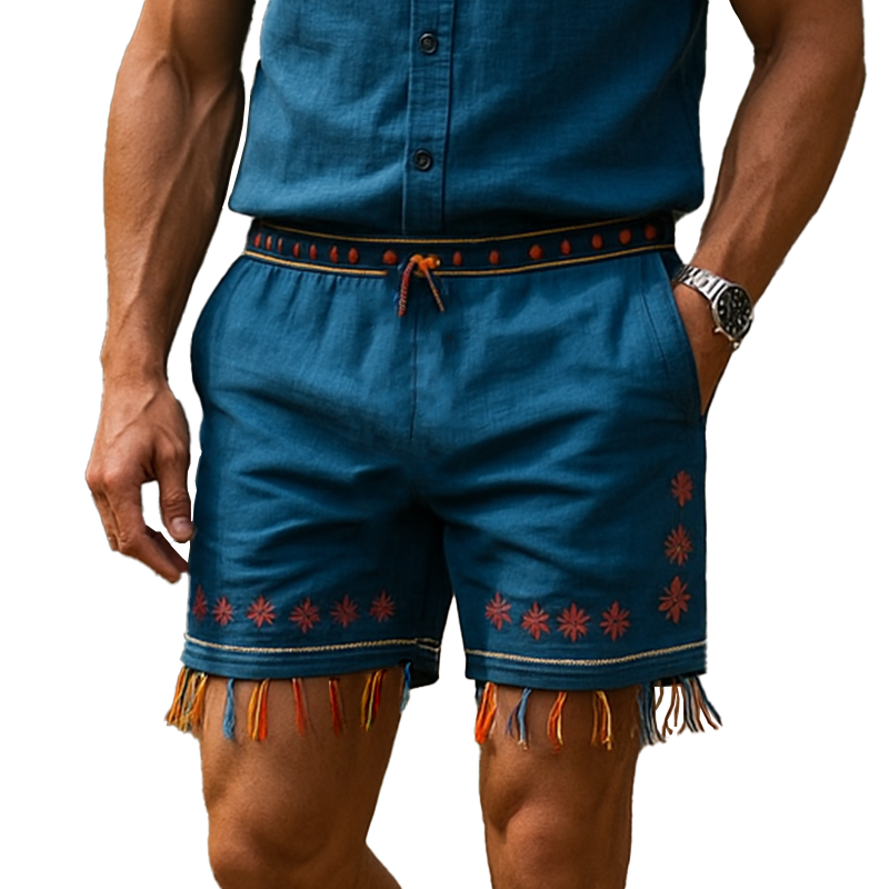 Men's Summer Fashion Embroidery Tassel Slub Linen Casual Shorts MTA1302F6P