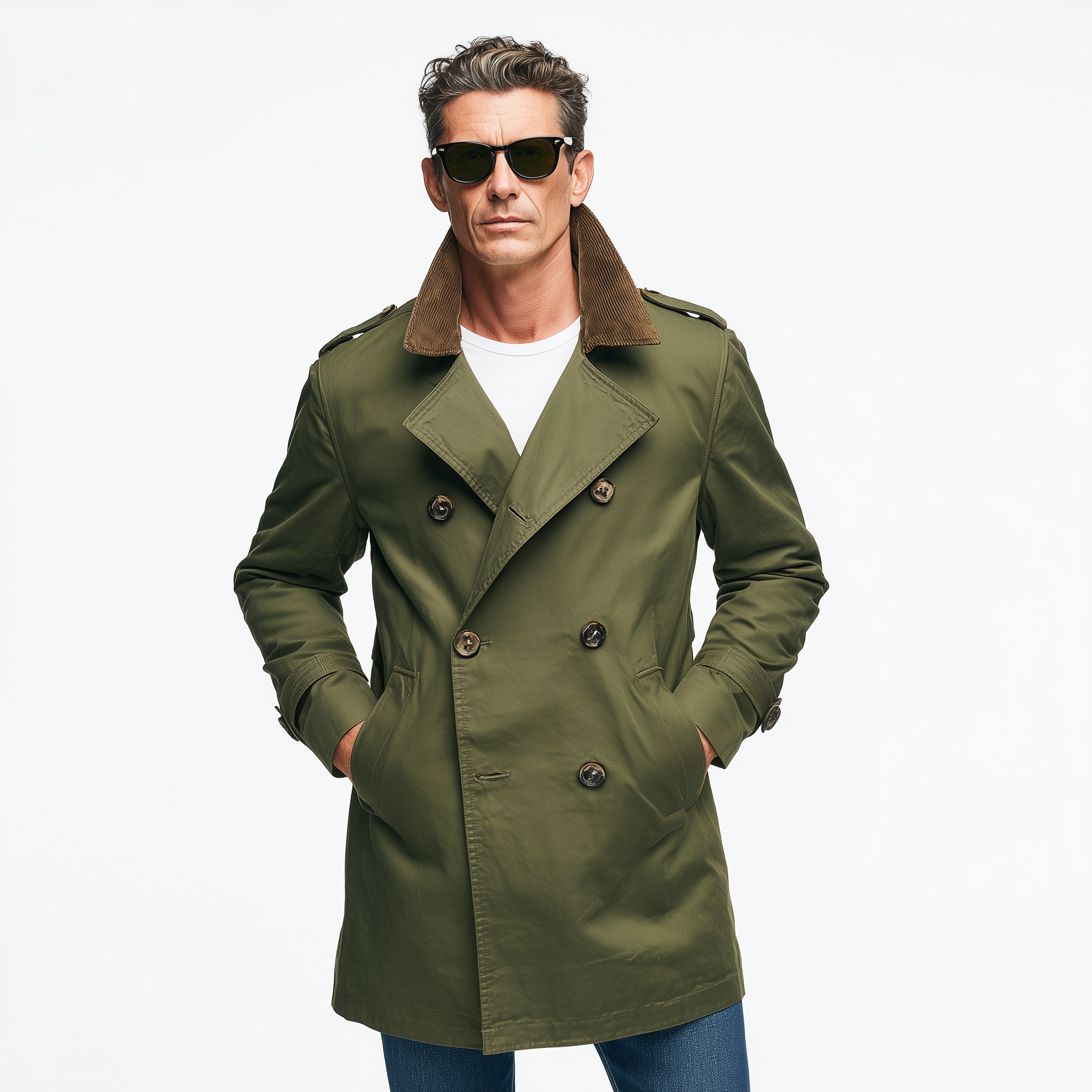 Men's Classic Casual Corduroy Lapel Double-breasted Twill Cotton Thigh-length Trench Coat MTA1397H9K